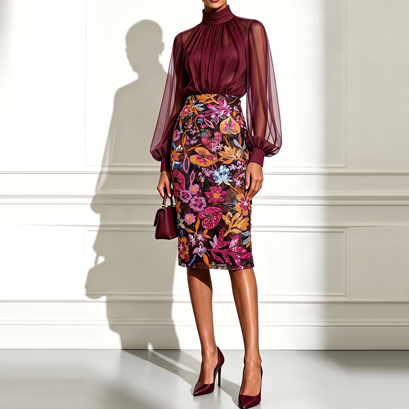 Midi Skirt Floral - セクシーなハイネックのシースルーメッシュブラウスと花柄プリントのスカートのセット。エレガントなウエストラインが際立つミディ丈スカートで、カジュアルにも普段使いにも適した、長袖の女性用イブニングスーツ。