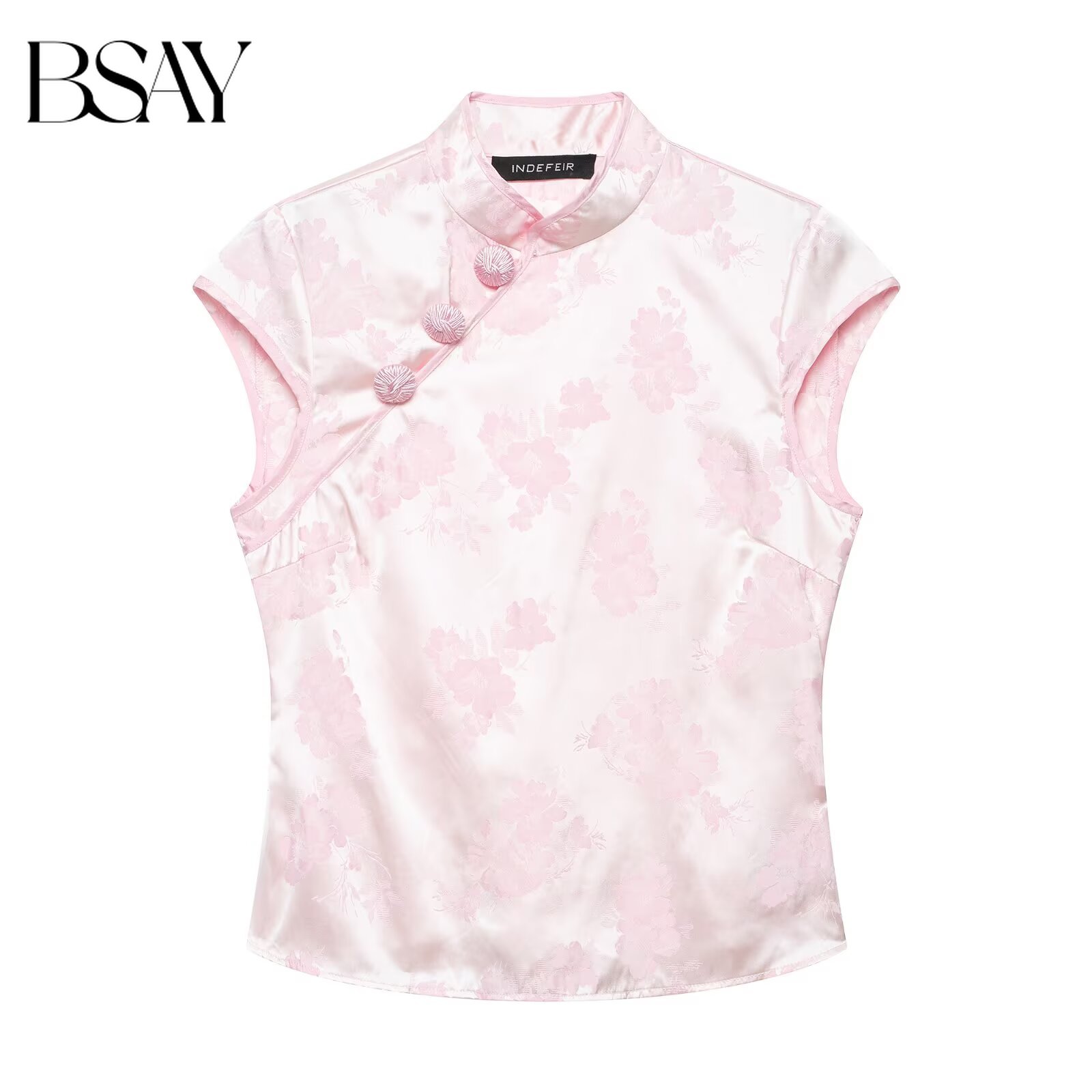 Romper Floral Print - BSAY 中国風花柄ジャカードサテンブラウス女性夏スタンドカラーキャップスリーブトップエレガント袍スタイルボタンダウンシャツ