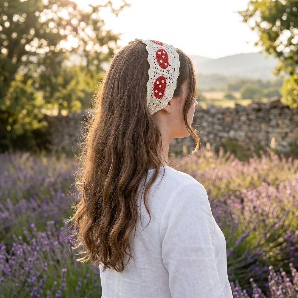 Headband Summer Knit - かわいいフランス製ニットヘッドバンド、きのこ柄レトロロングニットターバン、田園風イチゴ柄女性用ヘアスカーフ、夏用