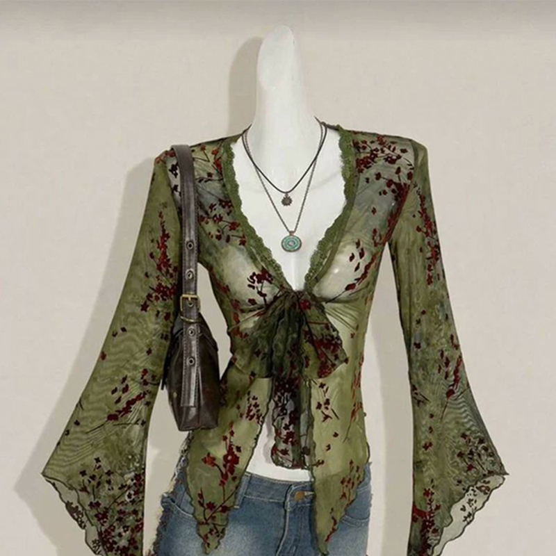 Romper Floral Print - MEXZT ヴィンテージ花柄メッシュシャツ女性 Y2K 原宿セクシーな V ネック薄手包帯ブラウス夏休みフレア長袖トップス新