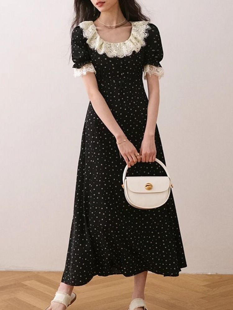Midi Skirt Floral - エレガントなレーストリム半袖ミディドレス女性夏痩身花柄シフォンラウンドネックドレスハイウエスト A ラインスカート