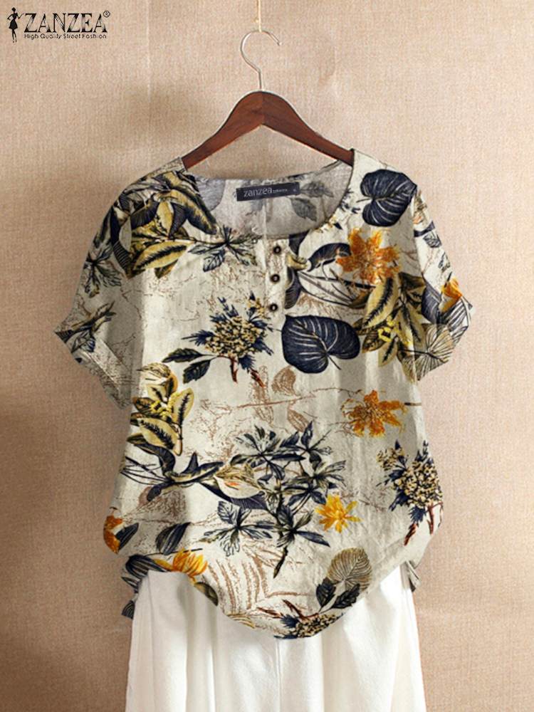 Romper Floral Print - ZANZEA 女性綿シャツファッション花柄プリントトップスレディースカフタンシュミーズ 2024 夏半袖ブラウス因果 O ネックチュニック