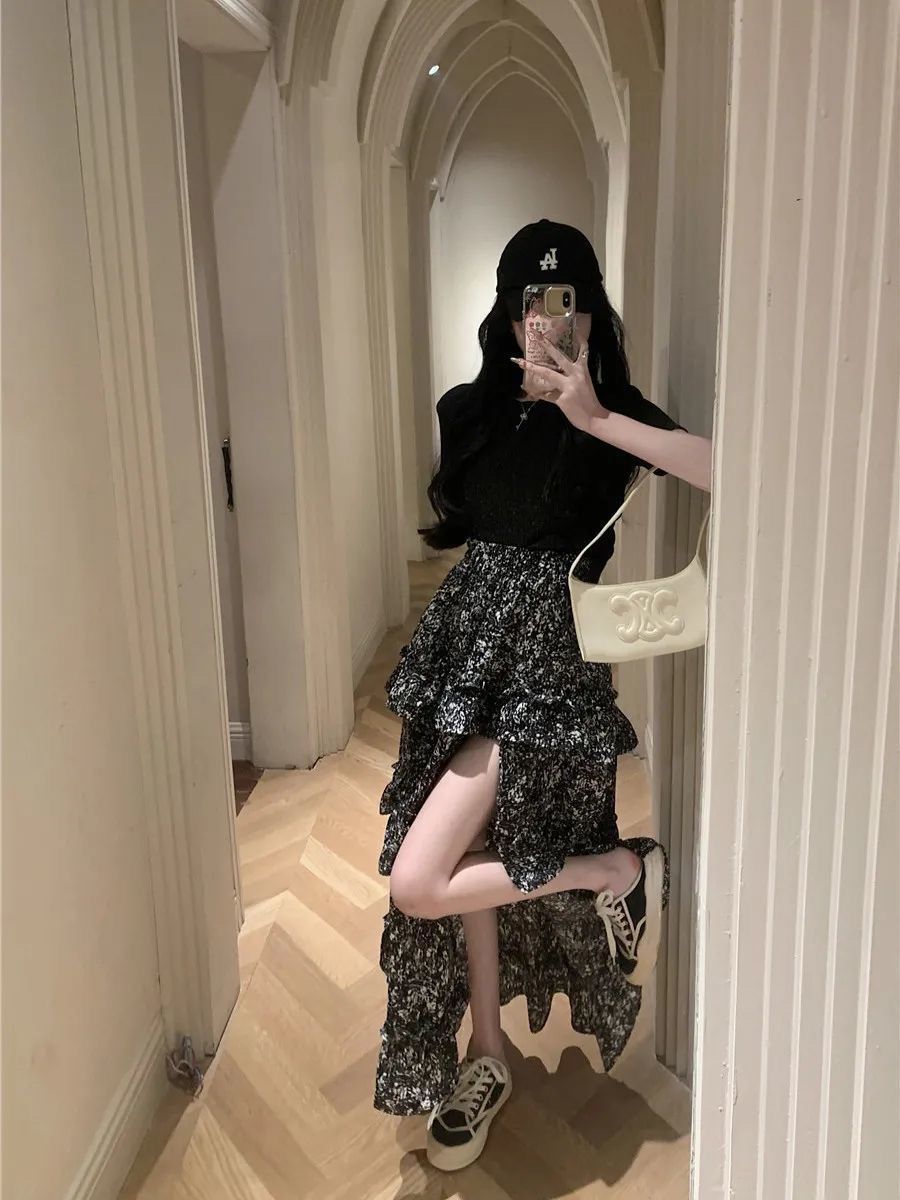 Midi Skirt Floral - 花柄プリントハーフ丈スカート女性用ルーズハイウエストヴィンテージプラスサイズAラインミディスカート通気性ポリエステル繊維