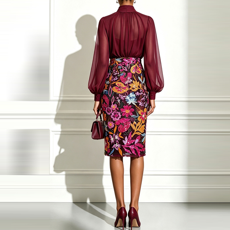 セクシーなハイネックのシースルーメッシュブラウスと花柄プリン - Midi Skirt Floral のレビューと価格