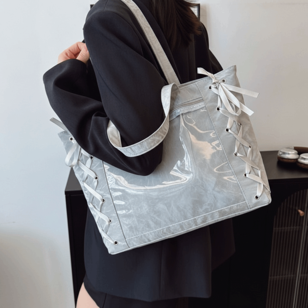 レースアップシンプルなイタバッグバッジディスプレイPU透明ポ - Tote Bag Beach のレビューと価格