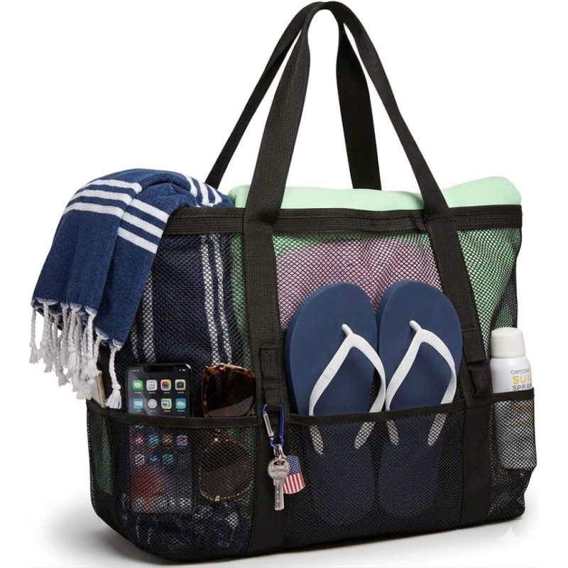 特大メッシュビーチバッグ 9ポケット付き 速乾性 砂が入らな - Tote Bag Beach のレビューと価格