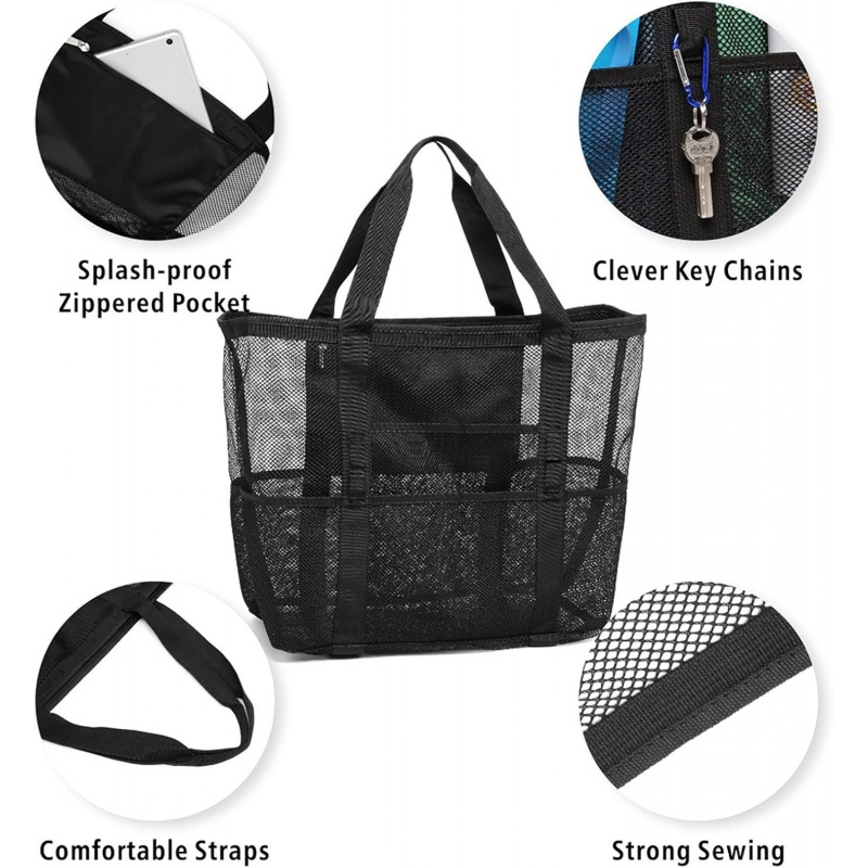 特大メッシュビーチバッグ 9ポケット付き 速乾性 砂が入らな - Tote Bag Beach のレビューと価格