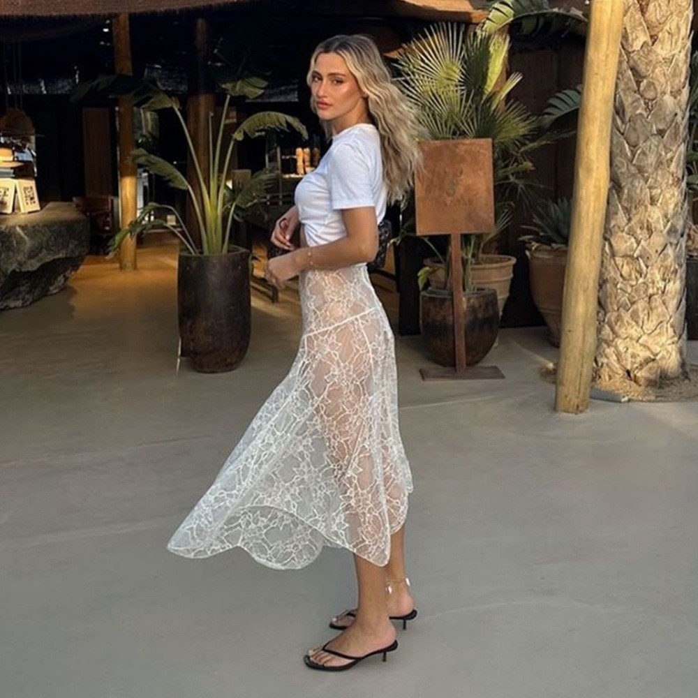 ソリッドカラーレースビーチドレスシースルーデザイン弾性ウエス - Midi Skirt Floral のレビューと価格