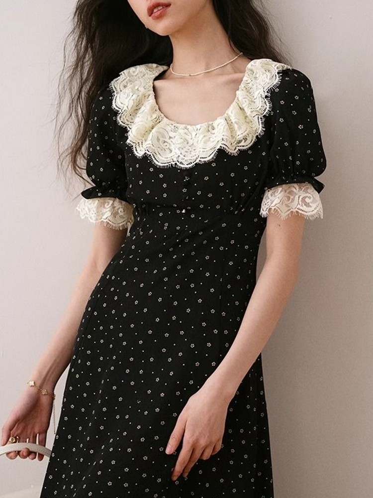 エレガントなレーストリム半袖ミディドレス女性夏痩身花柄シフォ - Midi Skirt Floral のレビューと価格