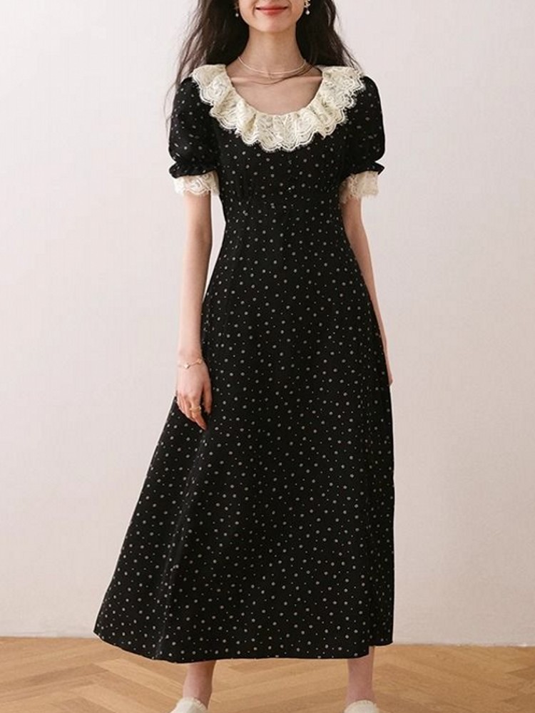 エレガントなレーストリム半袖ミディドレス女性夏痩身花柄シフォ - Midi Skirt Floral のレビューと価格