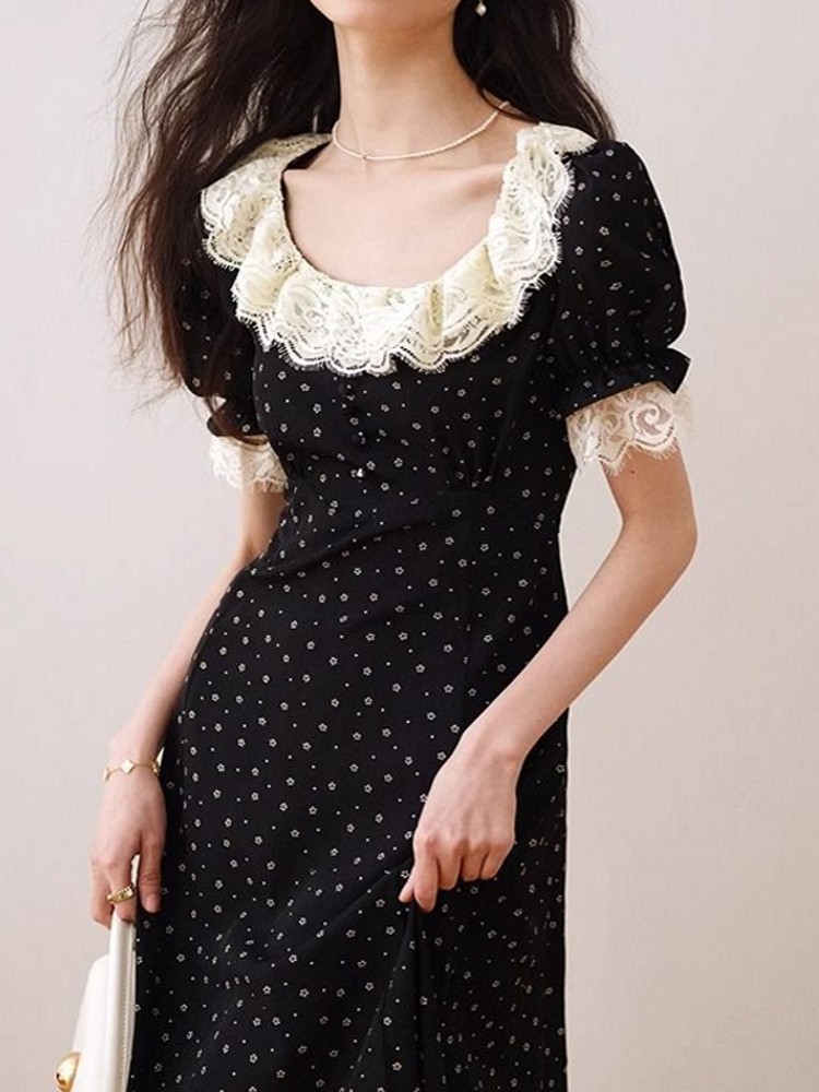 エレガントなレーストリム半袖ミディドレス女性夏痩身花柄シフォ - Midi Skirt Floral のレビューと価格