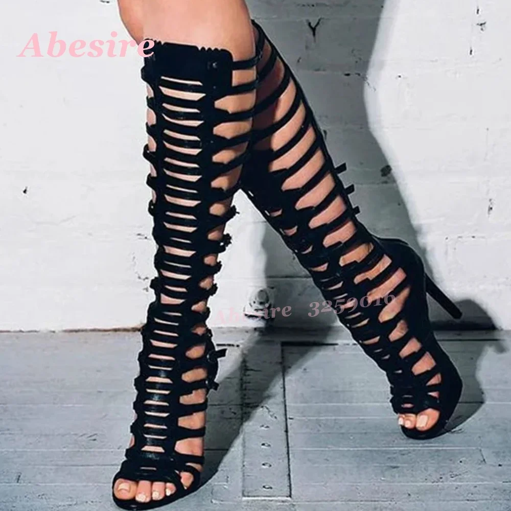ピープトウマルチバックルサマーサンダル女性用ブラック中空アウ - Sandal Strappy Heeled のレビューと価格