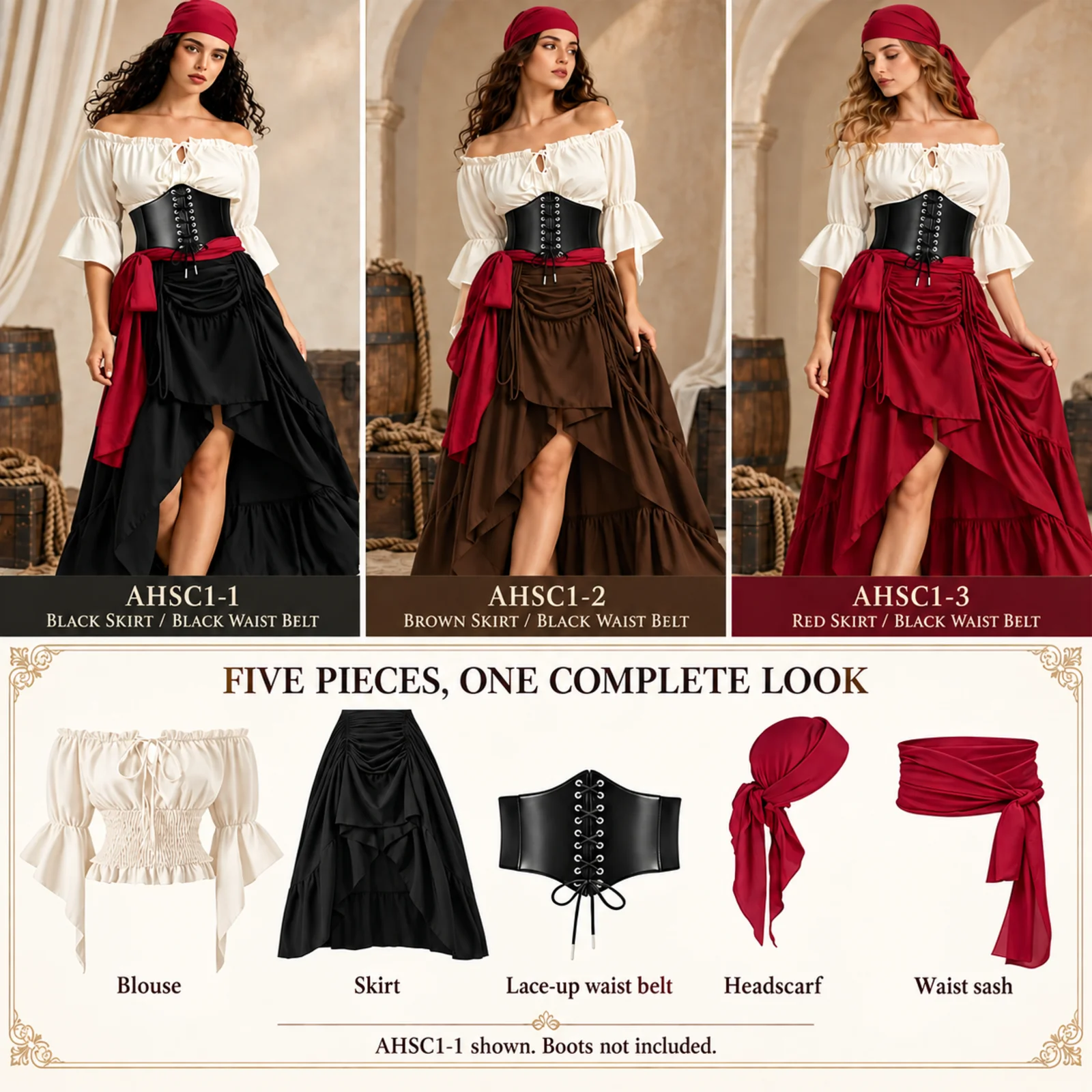 女性用海賊コスチュームセット：ブラウス、コルセット、スカート - Blouse Off Shoulder のレビューと価格